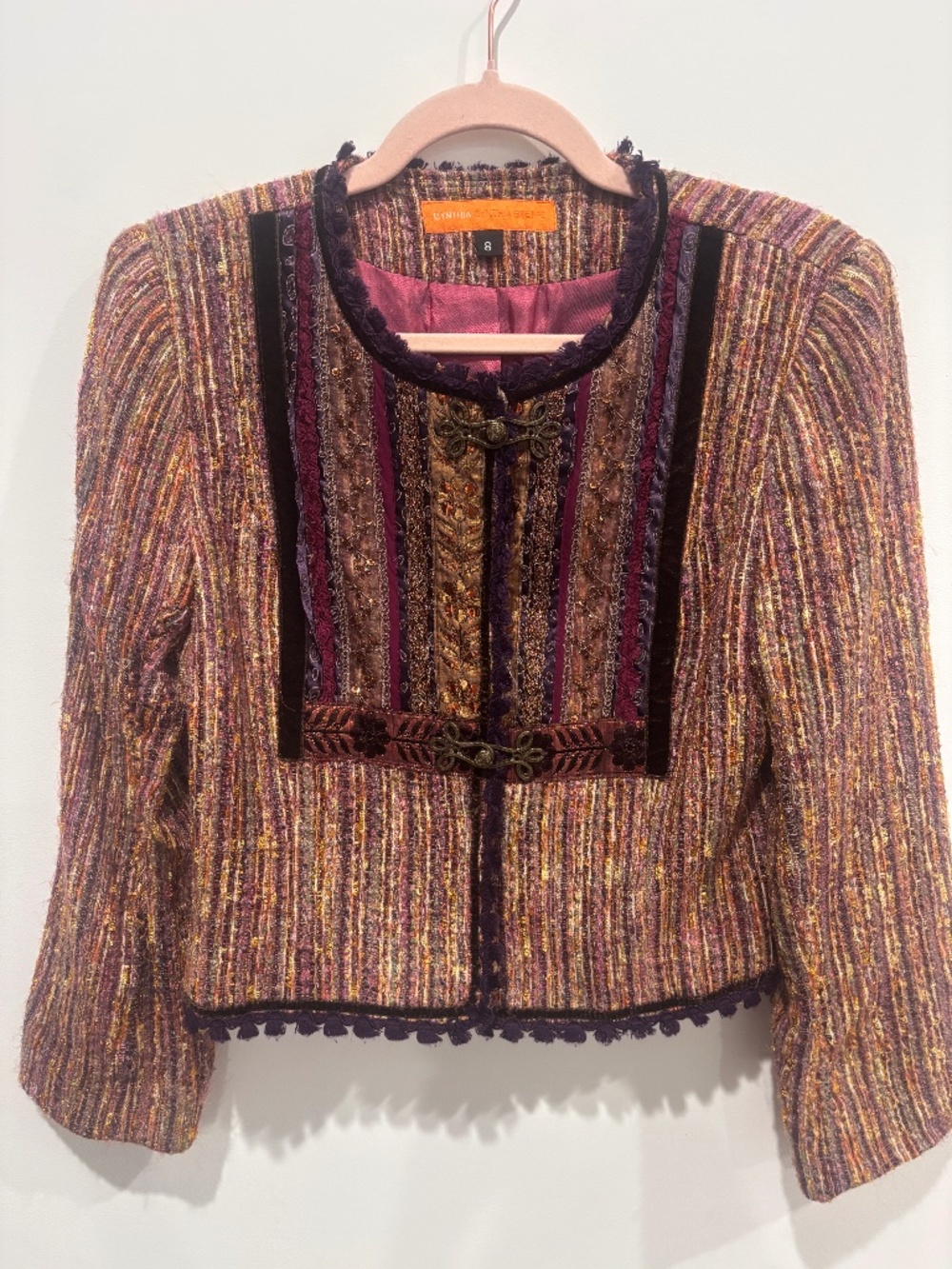 Vintage Cynthia Steffe Blazer Size 8 Boho Tweed Beaded Velvet Pom Pom Jacket